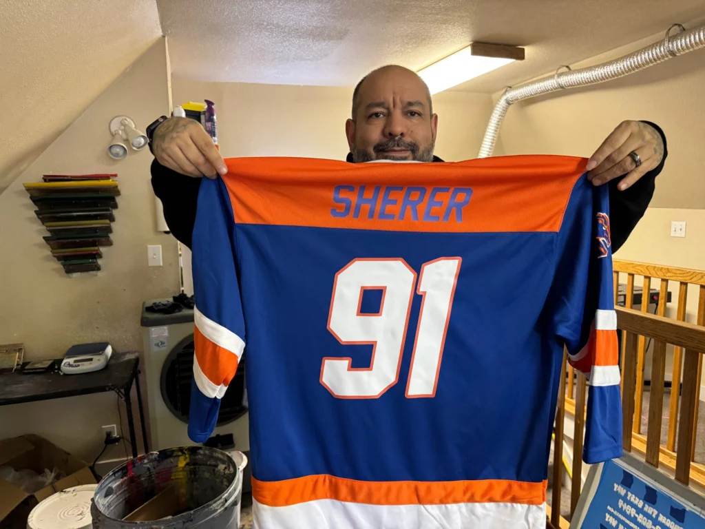 HTV print on a custom vinyl jersey made by The Print Plug in Nampa