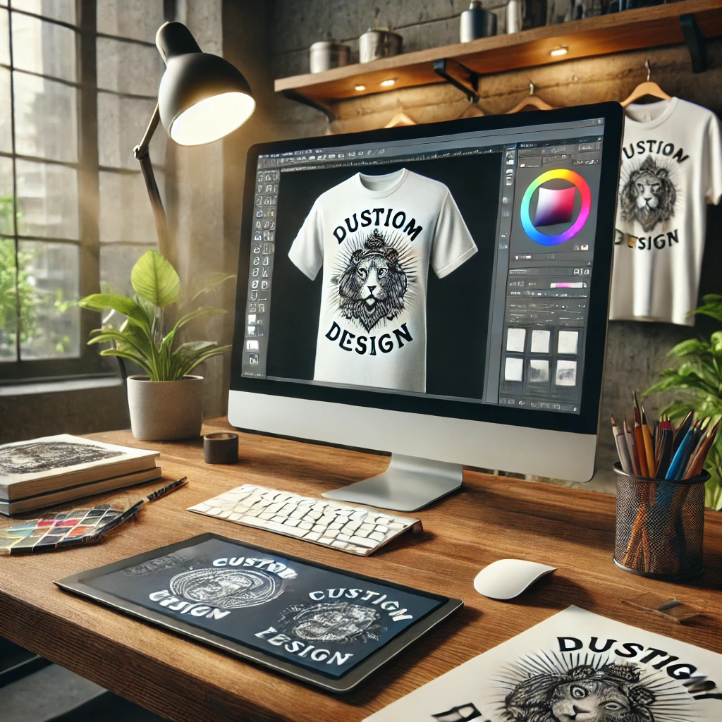 AI image of a custom t-shirt design studio with a computer screen showing design edits