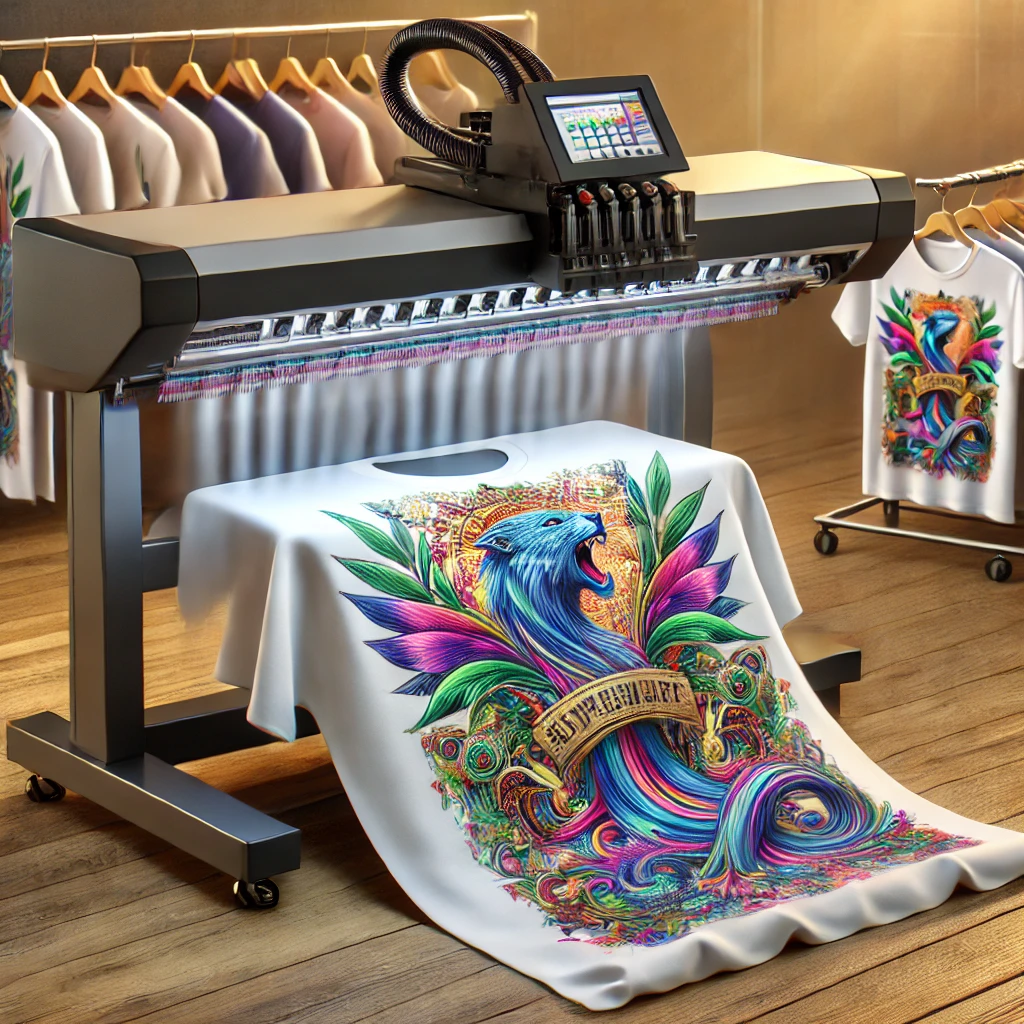 AI image of an embroidery machine with a bright colorful custom t-shirt
