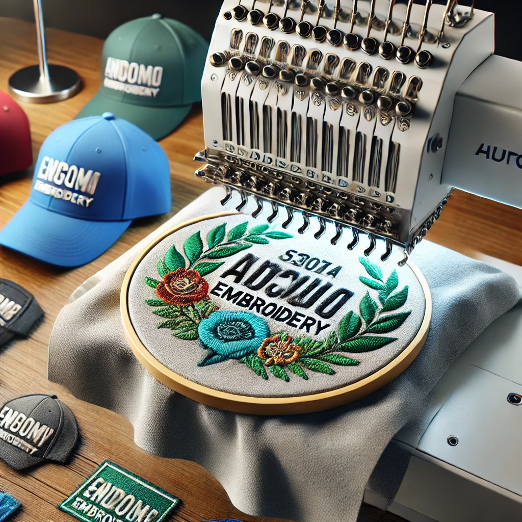 AI image of an embroidery machine embroidering a custom t-shirt