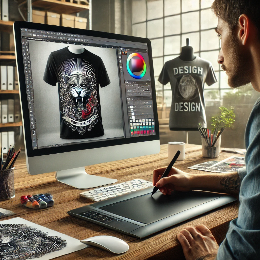 AI image of a person editing a personalized t-shirt design with an online t-shirt designer