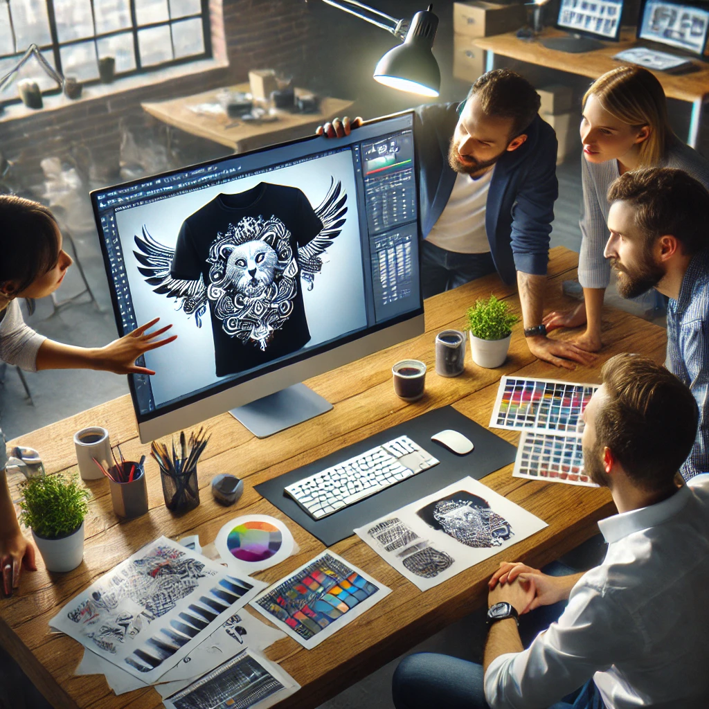 AI image of a person editing a personalized t-shirt design idea at The Print Plug in Nampa