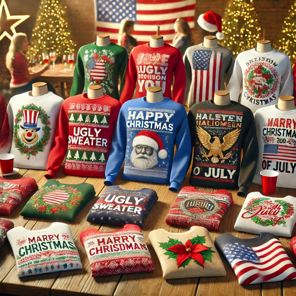 AI image of a seasonal gift shop carrying personalized t-shirts
