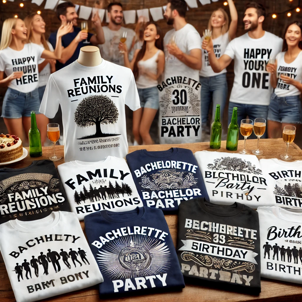 AI image of a party going on with custom garments and apparel on a table in the foreground