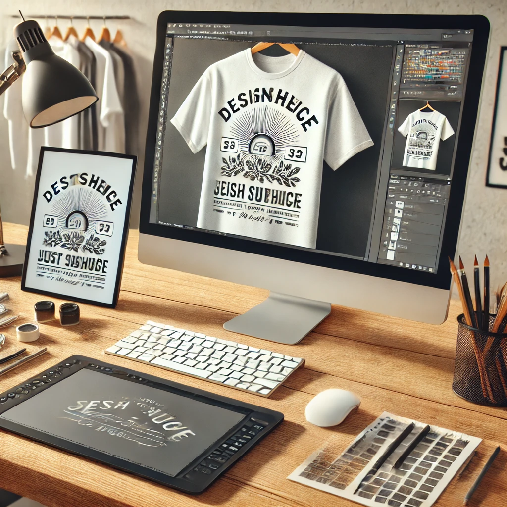 AI image of a personalized t-shirt being edited on a computer screen