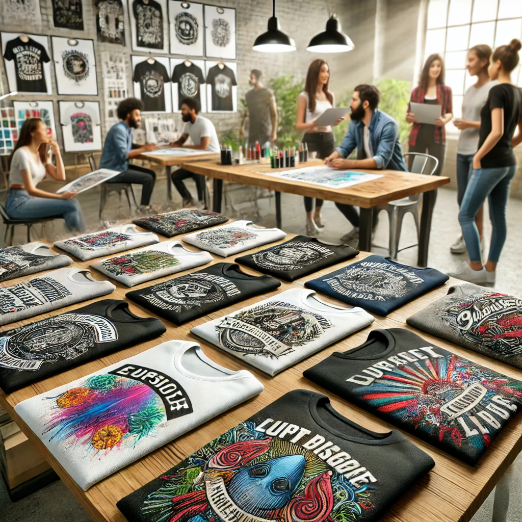 AI image of a group of people shopping at a custom t-shirt shop