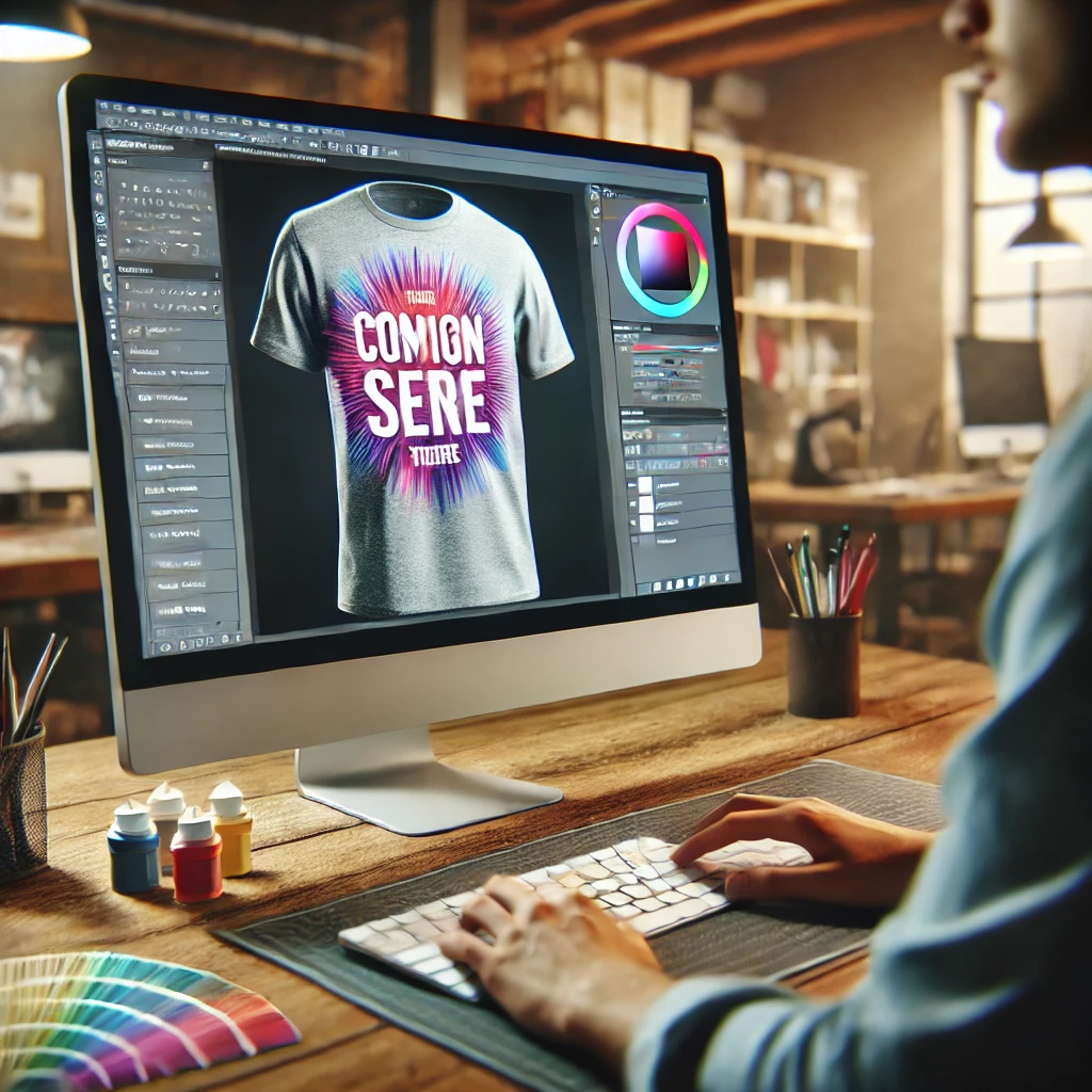 AI image of a man editing a personalized t-shirt with design ideas