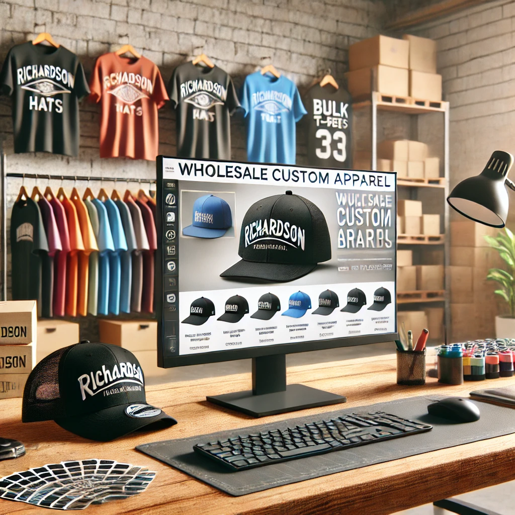 AI image of designing custom hats online in a custom t-shirt shop
